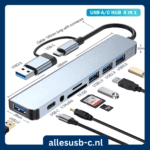 USB-A/C Hub 8 in 1 met USB 3.0, USB-C, 3.5mm audio en SD-kaartlezer aansluitingen.