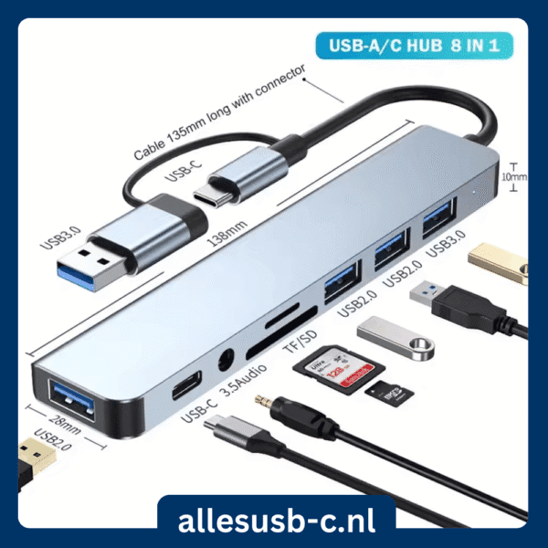 USB-A/C Hub 8 in 1 met USB 3.0, USB-C, 3.5mm audio en SD-kaartlezer aansluitingen.