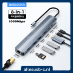 DAGUAIKA 8-in-1 USB-C hub met 4K 60Hz HDMI, 1000Mbps RJ45, USB-C data en SD/TF kaartlezers.