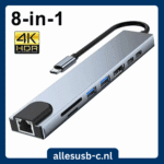 Grijze 8-in-1 USB-C docking station met RJ45 poort, 4K HDR HDMI, USB 3.0, SD/TF kaartlezers en USB-C aansluiting.