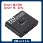 Zwarte HDMI 2.1 switch met 'Select' knop, ondersteunt 8K 60Hz en 4K 120Hz bi-directionele overdracht.