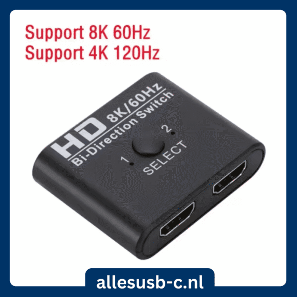Zwarte HDMI 2.1 switch met 'Select' knop, ondersteunt 8K 60Hz en 4K 120Hz bi-directionele overdracht.