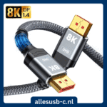 Professionele 8K DisplayPort naar DisplayPort kabel 1.4 met vergulde connectoren en grijze gevlochten nylon mantel.