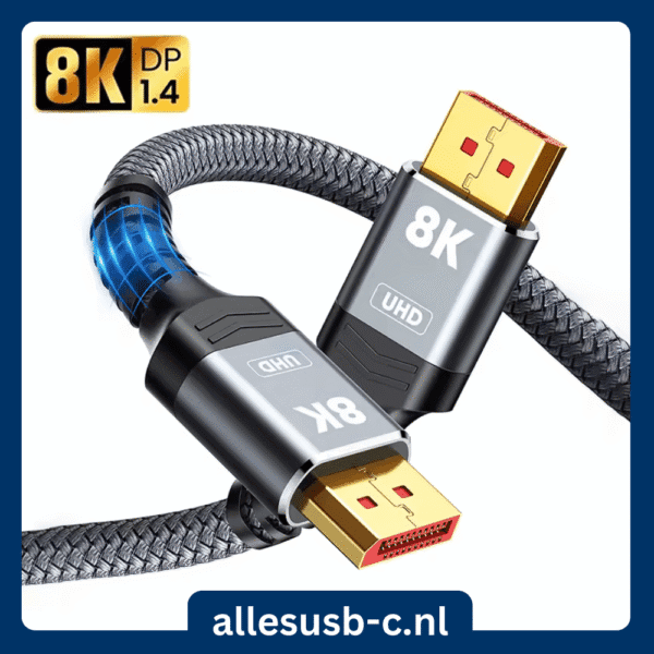 Professionele 8K DisplayPort naar DisplayPort kabel 1.4 met vergulde connectoren en grijze gevlochten nylon mantel.