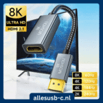 Visualisatie van de 8K adapter voor een groot TV-scherm met technische specificaties voor verschillende verversingssnelheden.