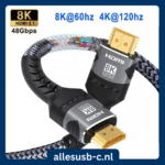 8K HDMI 2.1 kabel met 48Gbps bandbreedte voor 8K@60Hz en 4K@120Hz ondersteuning.