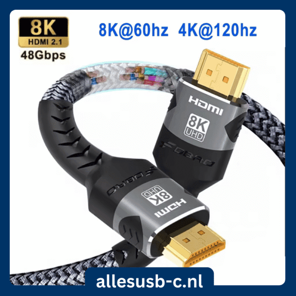 8K HDMI 2.1 kabel met 48Gbps bandbreedte voor 8K@60Hz en 4K@120Hz ondersteuning.