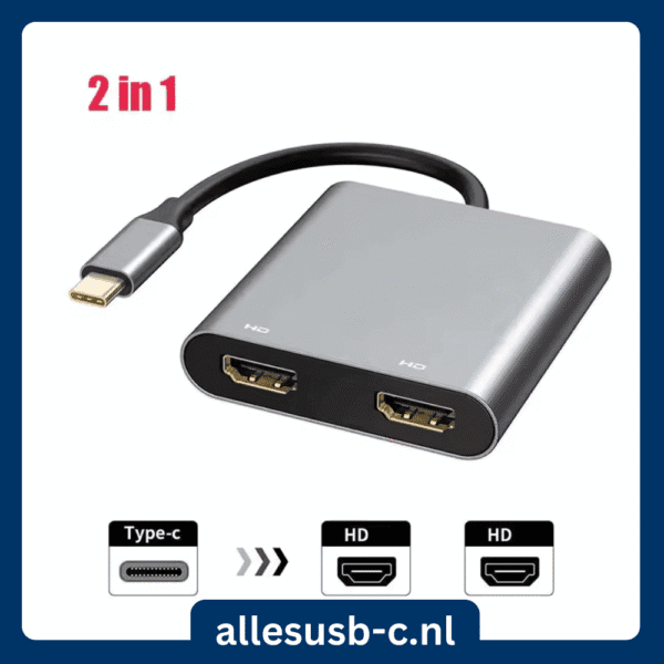 Zilveren USB-C adapter met twee HDMI-poorten (Dual HDMI) en 2-in-1 label.