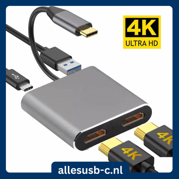 Grijze 4-in-1 USB-C adapter met aansluitingen voor Dual HDMI, USB 3.0 en USB-C PD opladen.