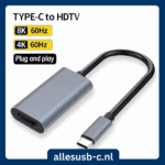 Grijze USB-C naar HDMI adapter dongle met labels voor zowel 8K 60Hz als 4K 60Hz ondersteuning en Plug & Play.
