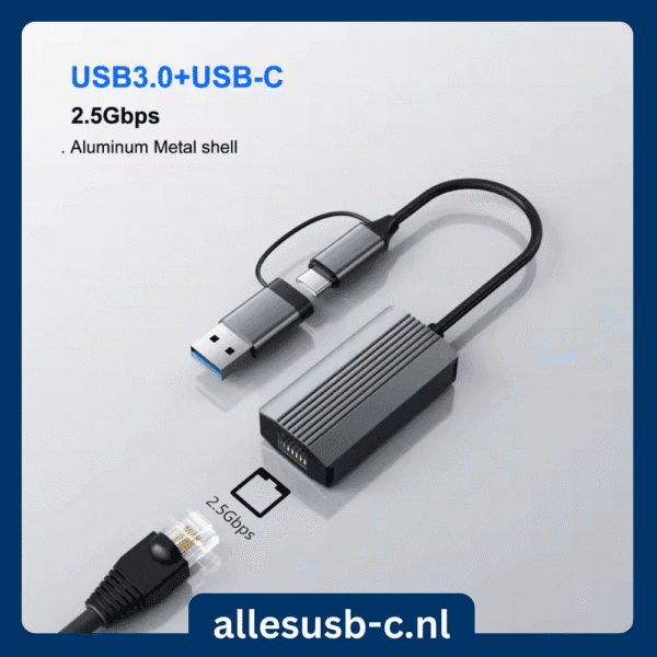 Grijze netwerkadapter met dubbele connector en aluminium behuizing, tekst "USB3.0+USB-C 2.5Gbps"