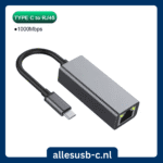 Grijze aluminium USB-C naar RJ45 adapter met 1000Mbps snelheid