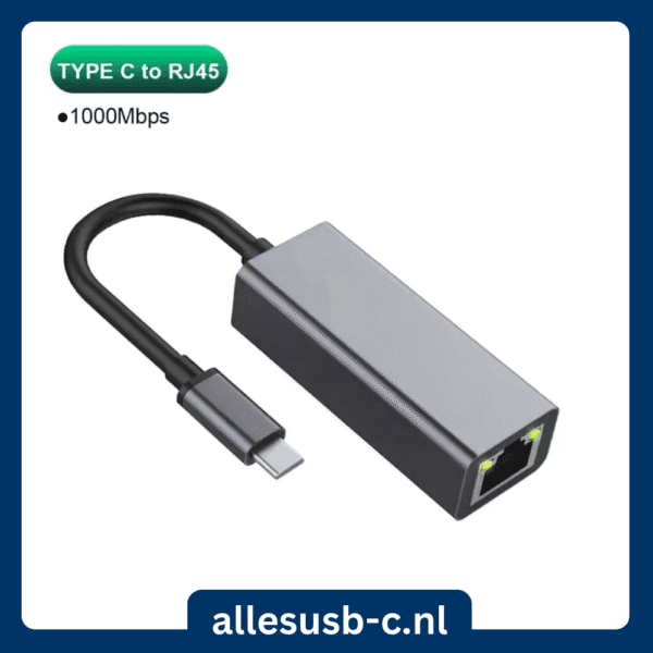 Grijze aluminium USB-C naar RJ45 adapter met 1000Mbps snelheid