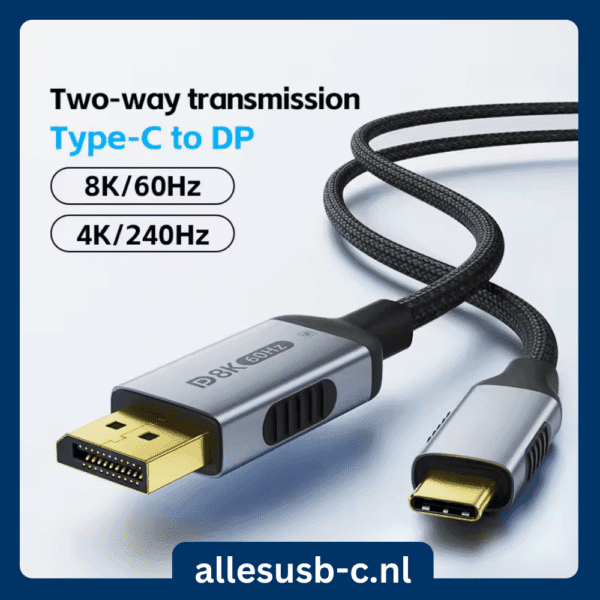 Gevlochten bidirectionele kabel die zowel USB-C naar DP als DP naar USB-C ondersteunt met 4K 240Hz tekst