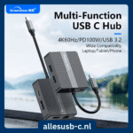 Blueendless USB-C docking station met labels voor 4K 60Hz, PD 100W snelladen en USB 3.2 compatibiliteit voor laptops en tablets.