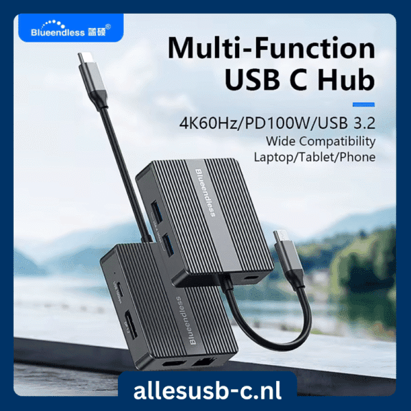 Blueendless USB-C docking station met labels voor 4K 60Hz, PD 100W snelladen en USB 3.2 compatibiliteit voor laptops en tablets.