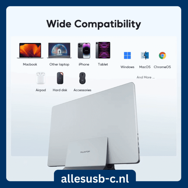 USB-C docking station met brede compatibiliteit voor MacBook, Windows laptops, telefoons, tablets en andere accessoires