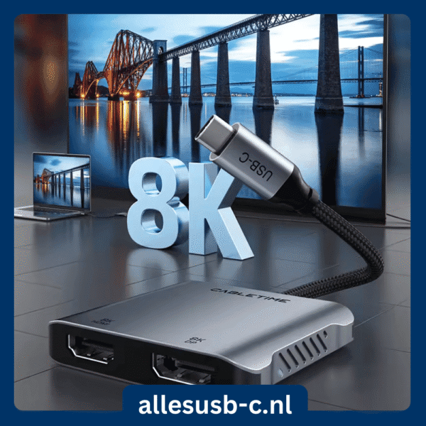 CABLETIME USB-C hub met grote '8K' tekst, toont zilveren aluminium behuizing, gevlochten kabel en dubbele HDMI-poorten.