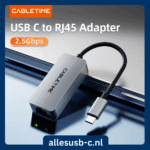 Grijze CABLETIME netwerkadapter met USB-C connector en tekst "USB C to RJ45 Adapter 2.5Gbps"