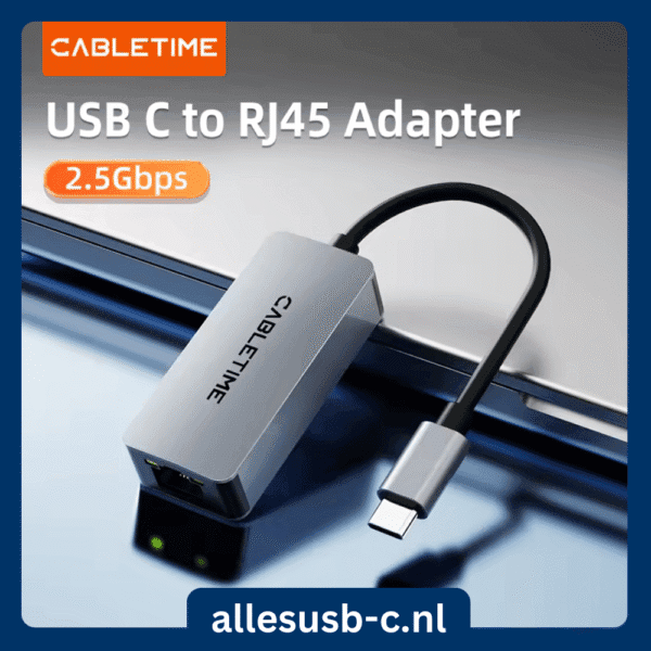 Grijze CABLETIME netwerkadapter met USB-C connector en tekst "USB C to RJ45 Adapter 2.5Gbps"