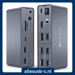 Verticale KVM switch (Model SW522) met poorten voor twee computers, HDMI, DisplayPort en USB 3.2 aansluitingen.