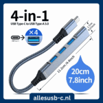Afmetingen zilveren USB hub 11.2cm lang en 1.7cm breed