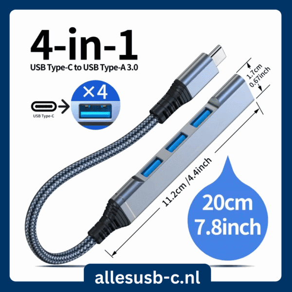 Afmetingen zilveren USB hub 11.2cm lang en 1.7cm breed