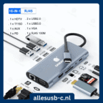 Overzicht van de DAGUAT 10-in-1 USB-C hub met alle bijbehorende kabels en specificaties zoals RJ45 100M en USB 3.0