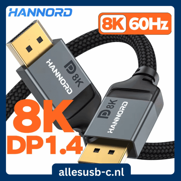 Grijze gevlochten DisplayPort naar DisplayPort kabel met aluminium connectoren en 8K badge