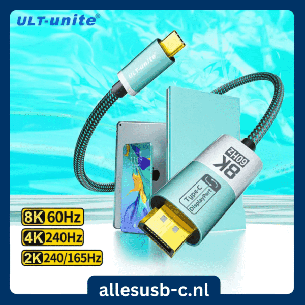 Premium groene gevlochten USB-C naar DisplayPort kabel met aluminium behuizing