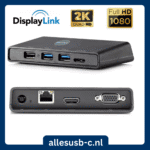 Voor- en achteraanzicht van de HBMatters dock met poorten voor 2K Quad HD HDMI, Full HD 1080P VGA, Ethernet en USB 3.0.