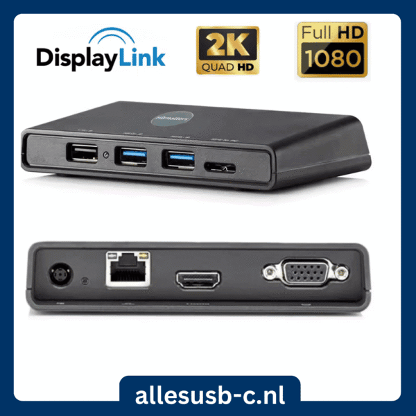 Voor- en achteraanzicht van de HBMatters dock met poorten voor 2K Quad HD HDMI, Full HD 1080P VGA, Ethernet en USB 3.0.