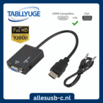 Infographic van HDMI naar VGA adapter met audio uitgang en Full HD 1080p logo