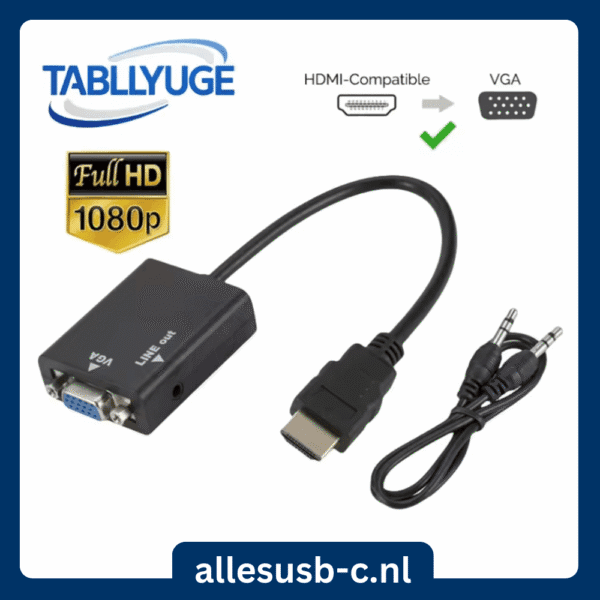 Infographic van HDMI naar VGA adapter met audio uitgang en Full HD 1080p logo