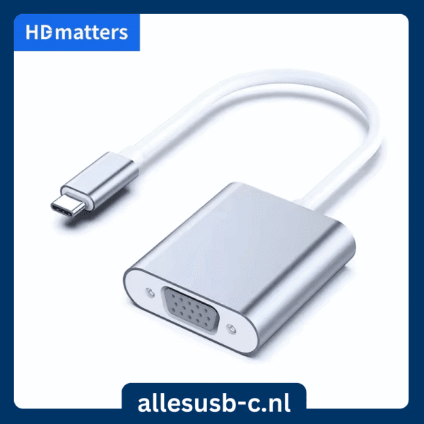Zilveren USB Type-C naar VGA converter van HDmatters op witte achtergrond
