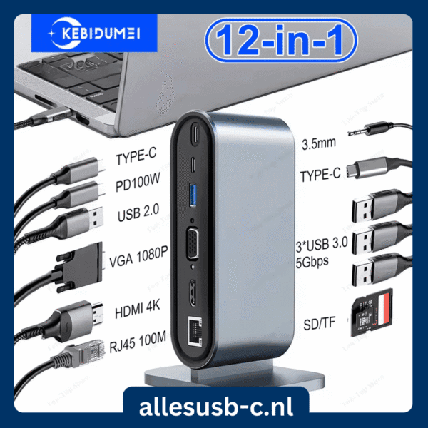 KEBIDUMEI 12-in-1 staand USB-C docking station aangesloten op een laptop met aanduiding van alle poorten zoals HDMI, VGA en PD100W.