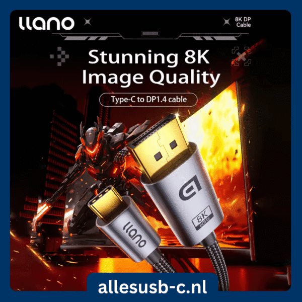 Hoogwaardige Llano USB-C naar DP 1.4 kabel met adembenemende 8K beeldkwaliteit voor gaming.