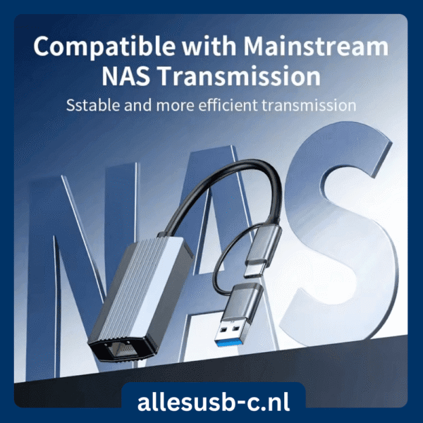 USB naar Ethernet adapter visueel gekoppeld aan NAS-systeem, tekst "Compatible with Mainstream NAS Transmission"