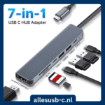 Overzicht van alle poorten op de USB C hub: 4K HDMI, SD/TF kaartlezer, Type-C, USB 3.0 en USB 2.0.