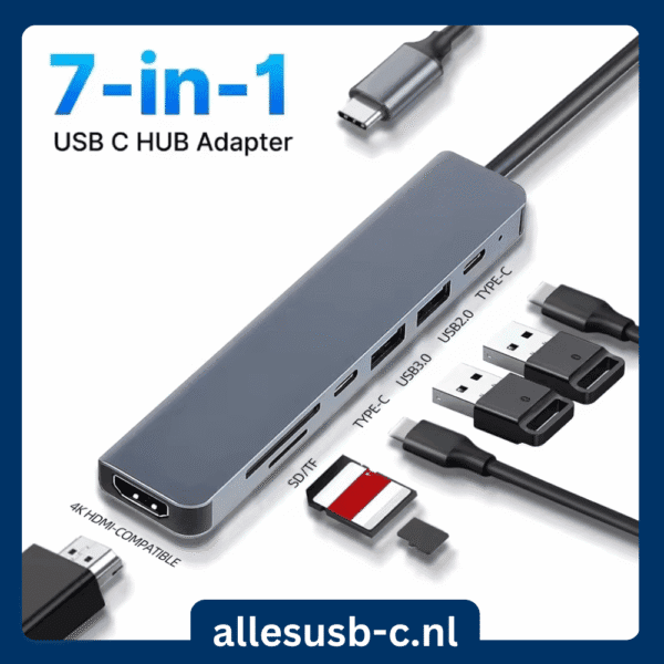 Overzicht van alle poorten op de USB C hub: 4K HDMI, SD/TF kaartlezer, Type-C, USB 3.0 en USB 2.0.