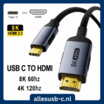Grijze gevlochten USB-C naar HDMI kabel met 8K 60Hz en 4K 120Hz ondersteuning, HDMI 2.1 gecertificeerd.