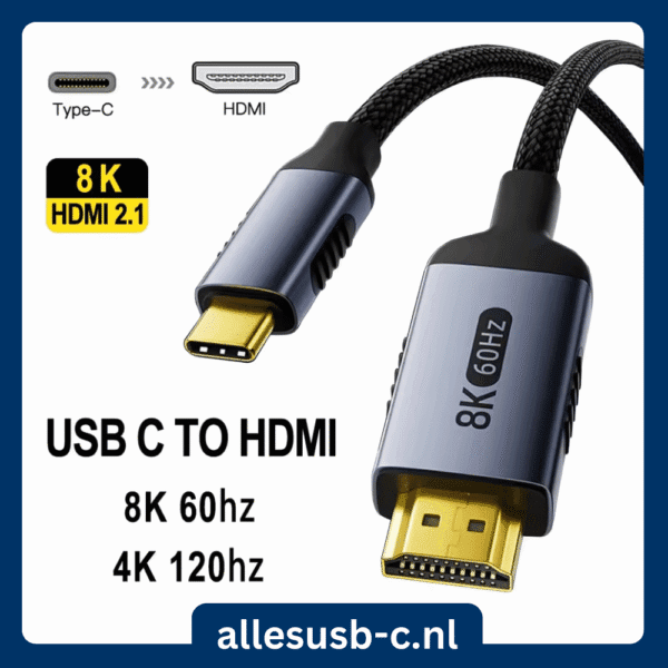 Grijze gevlochten USB-C naar HDMI kabel met 8K 60Hz en 4K 120Hz ondersteuning, HDMI 2.1 gecertificeerd.