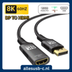 Gevlochten 8K 60Hz DP naar HDMI kabel met het allesusb-c.nl logo op een blauwe achtergrond.