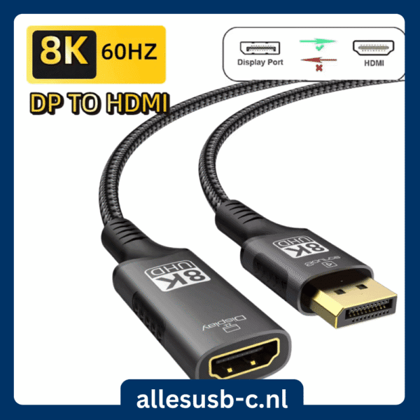 Gevlochten 8K 60Hz DP naar HDMI kabel met het allesusb-c.nl logo op een blauwe achtergrond.