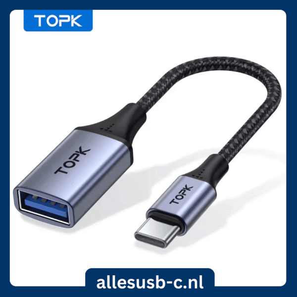 Gevlochten USB-C naar USB-A verloopkabel van TOPK merk