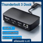Zwarte Thunderbolt 3 docking station met ingebouwde kabel, voorzien van HDMI, DisplayPort, USB 3.0 en Gigabit Ethernet poorten.
