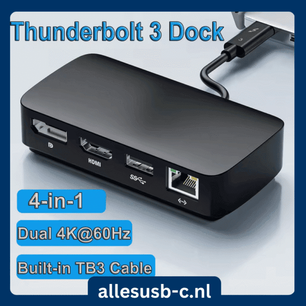 Zwarte Thunderbolt 3 docking station met ingebouwde kabel, voorzien van HDMI, DisplayPort, USB 3.0 en Gigabit Ethernet poorten.