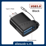 Zwarte Toocki USB-C mannelijk naar USB-A vrouwelijk adapter met bevestigingskoord en poort diagram
