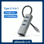 Grijze USB-C hub met tekstlabels "Type C 4 in 1", "3USB 3.0" en "11000Mbps"