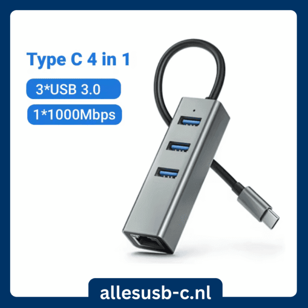 Grijze USB-C hub met tekstlabels "Type C 4 in 1", "3USB 3.0" en "11000Mbps"